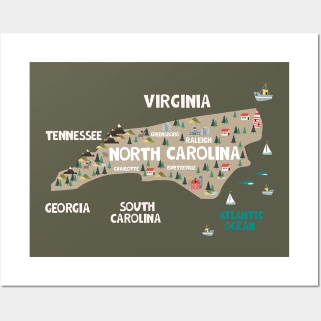 North Carolina Illustrated Map Wall Art by JunkyDotCom